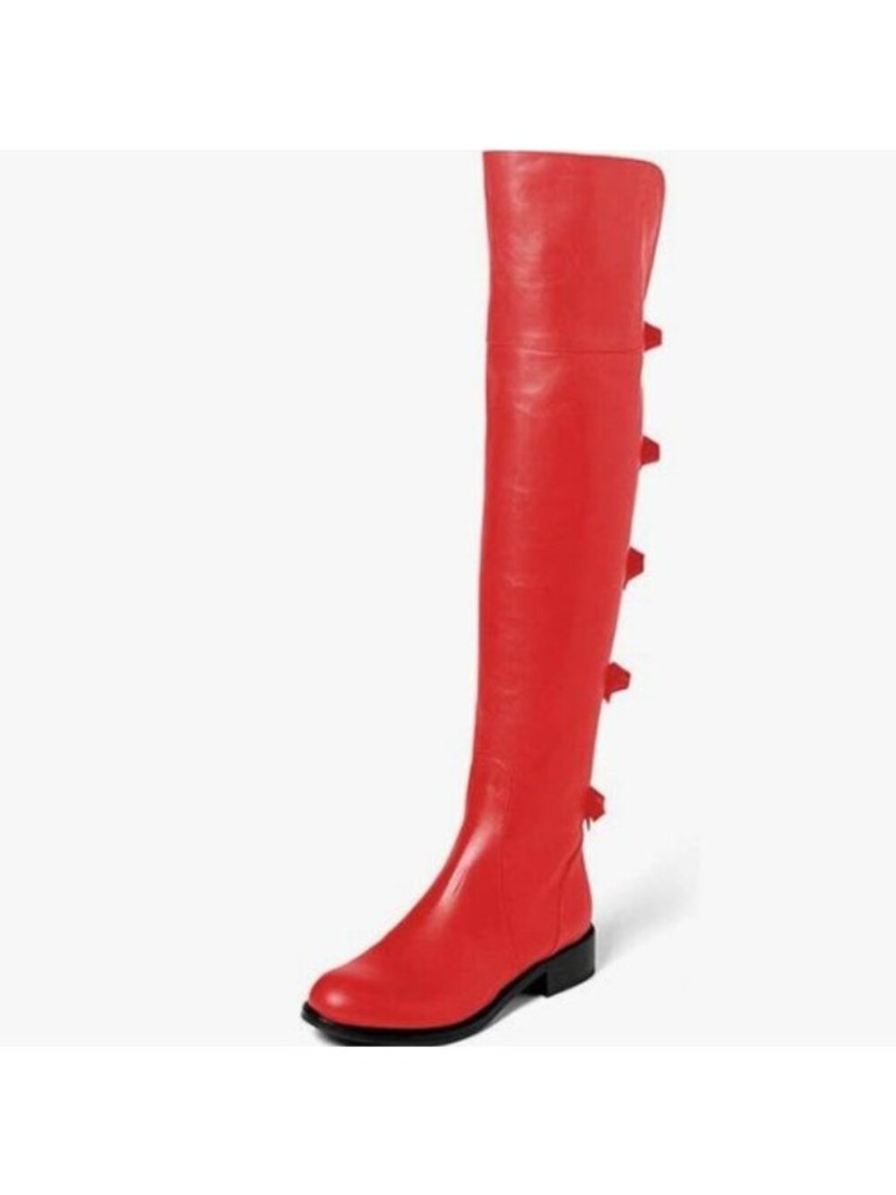 Red Over The Knee Thigh High Leather Chunky Heel Round Toe Bowknots Riding Boots